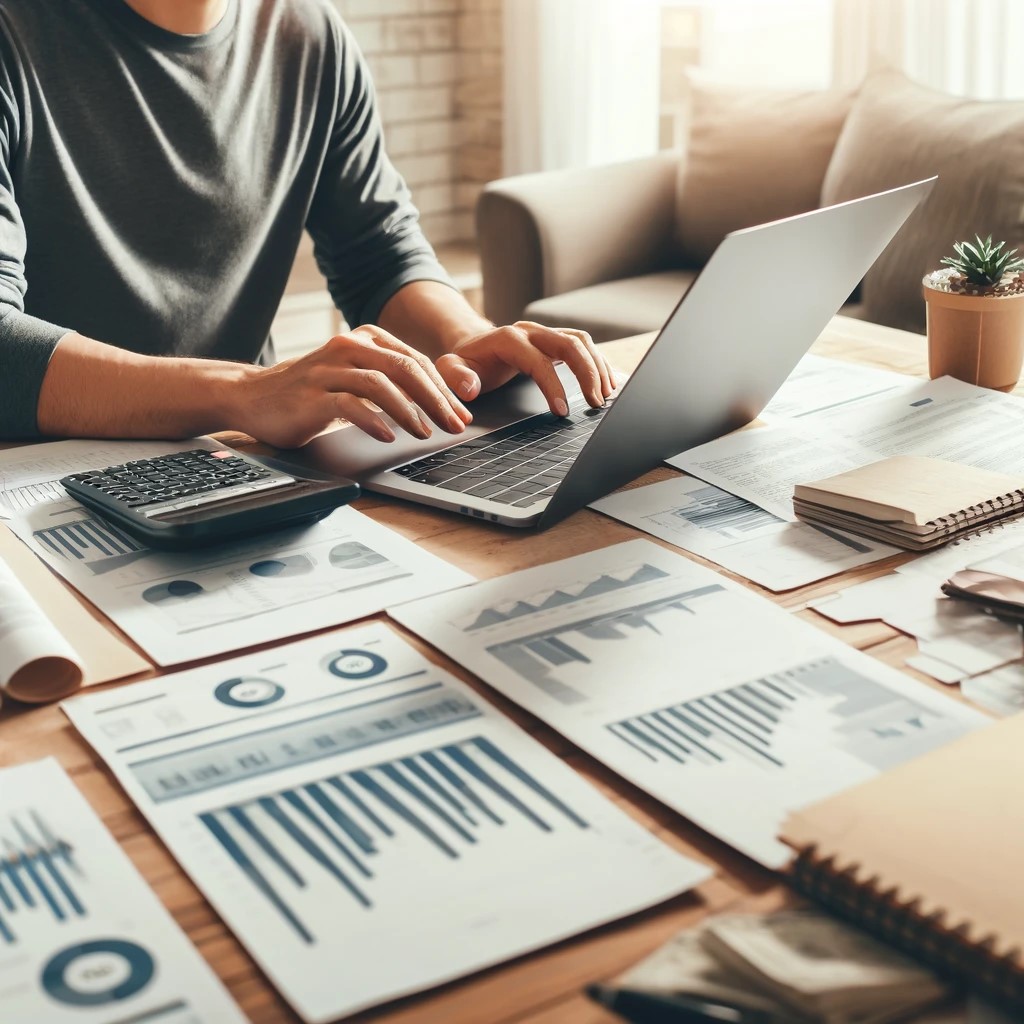 DALL·E 2024-05-17 19.13.57 - An image showing a person reviewing their financial documents at home. The person is using a laptop, and the table is filled with documents, charts, a