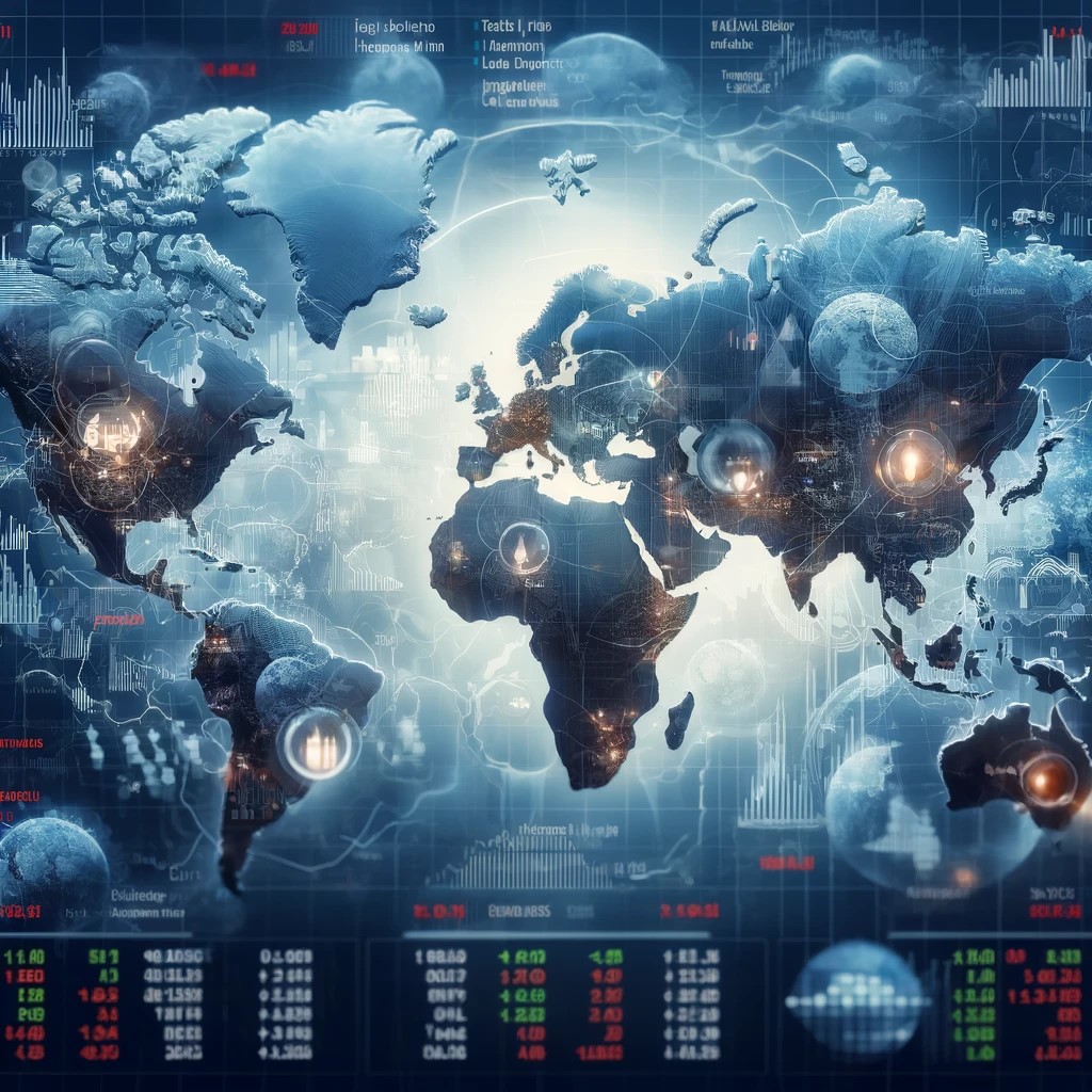 DALL·E 2024-05-17 19.23.11 - An image showing a world map with various financial markets highlighted. The map includes major stock exchanges, currency trading hubs, and commodity 