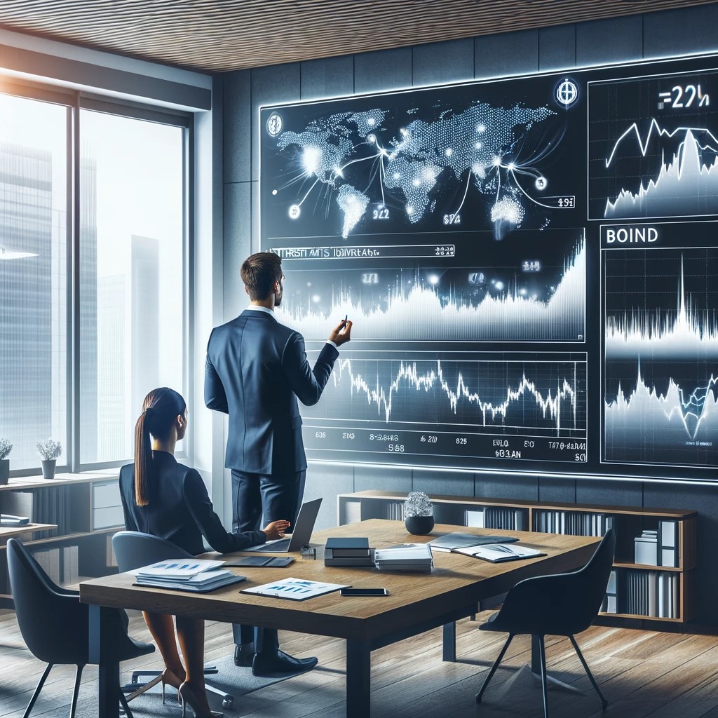 DALL·E 2024-05-17 19.11.01 - An image showing a financial analyst explaining the impact of interest rates on bond prices to a client in a modern office. The office has large windo