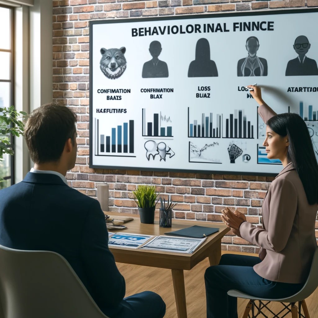 DALL·E 2024-05-17 19.16.48 - An image showing a financial advisor explaining behavioral finance concepts to a client in a modern office. The advisor is using charts and graphs to 