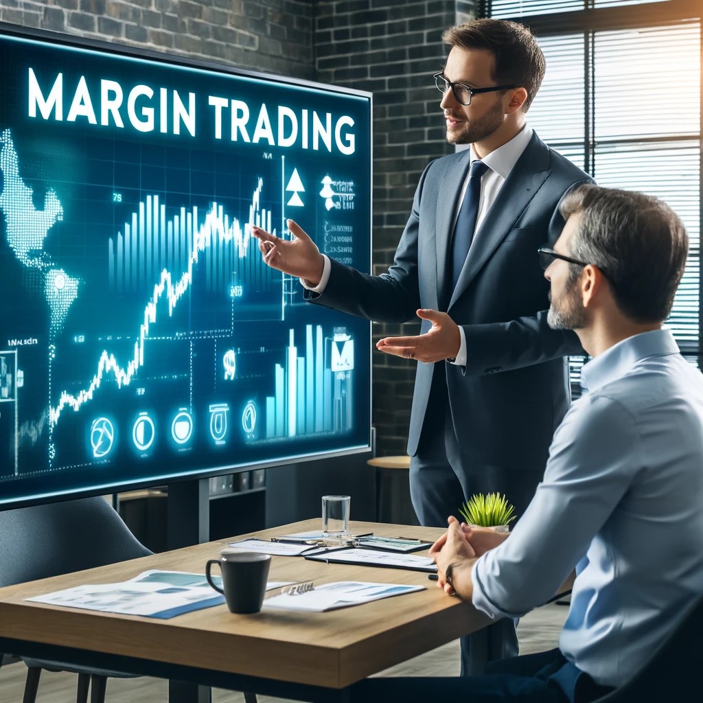 DALL·E 2024-05-17 19.20.06 - An image showing a financial advisor explaining margin trading to a client in a modern office. The advisor is using charts and graphs to illustrate th