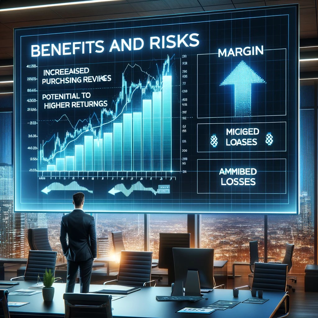 DALL·E 2024-05-17 19.20.07 - An image showing a digital chart with the benefits and risks of margin trading. The chart includes sections highlighting increased purchasing power, p