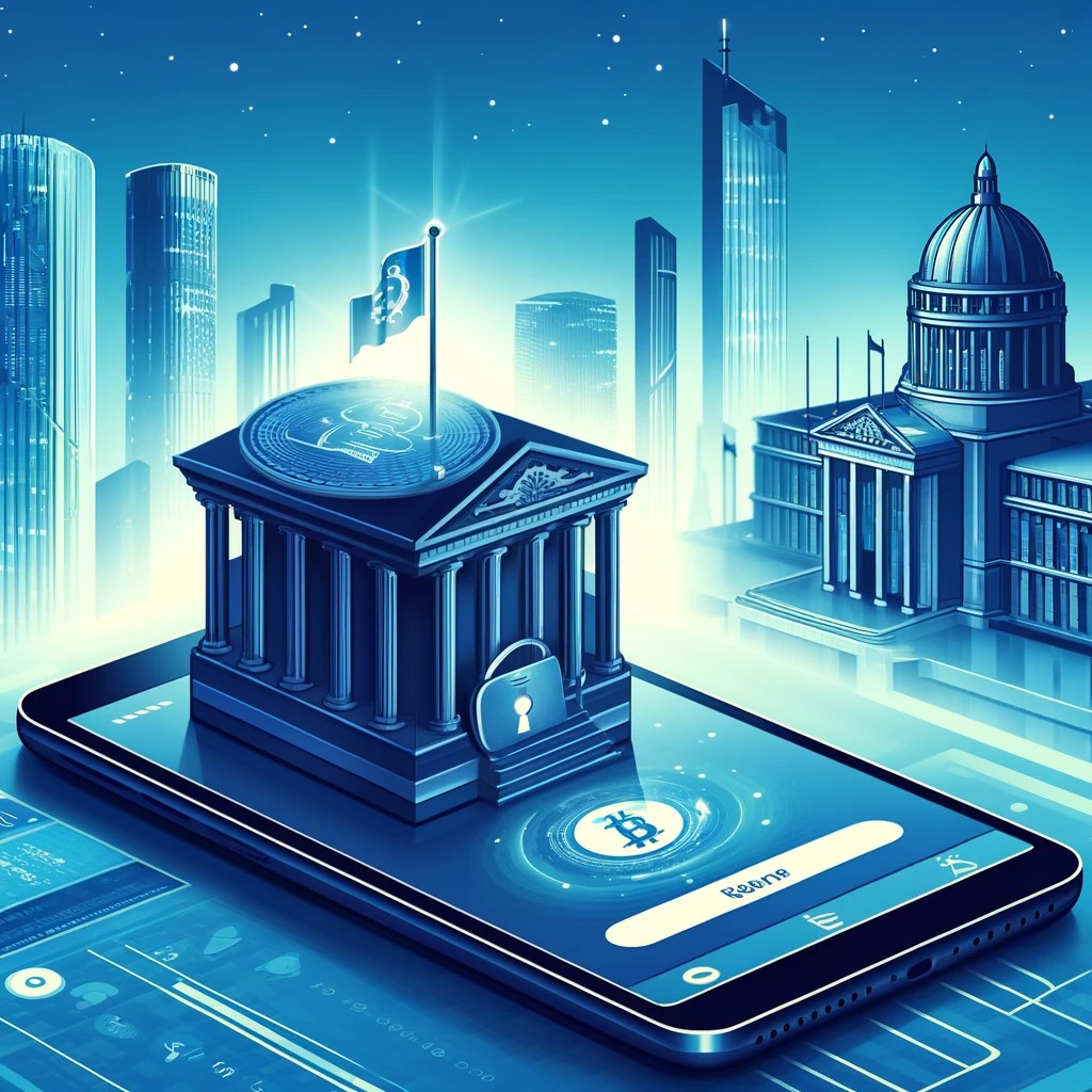 DALL·E 2024-05-29 23.17.07 - An illustration of a central bank digital currency (CBDC) in use, showing a digital wallet interface on a smartphone and a central bank building in th