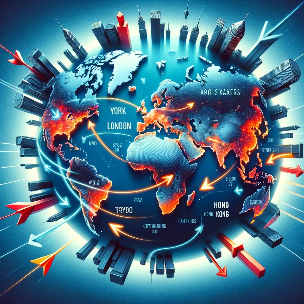 DALL·E 2024-05-29 22.57.03 - A world map highlighting major global financial hubs such as New York, London, Tokyo, and Hong Kong, with arrows indicating capital flows between thes