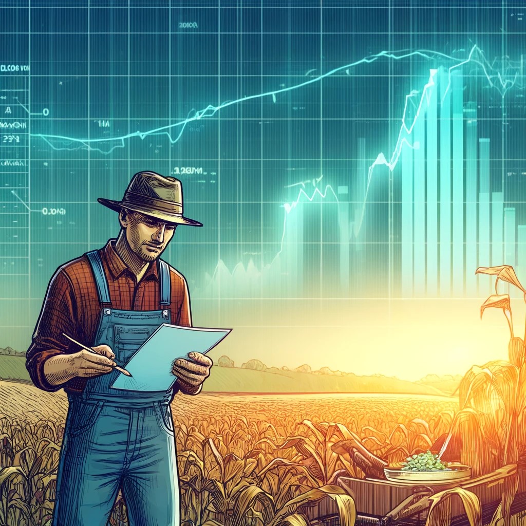 DALL·E 2024-05-29 23.00.32 - A detailed illustration showing a farmer using a futures contract to lock in the price of his crop. The image includes a farmer standing in a field, h