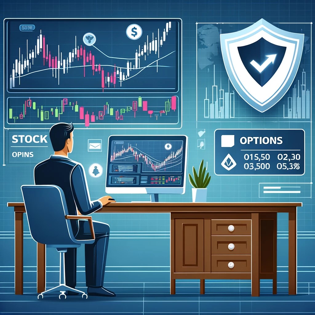 DALL·E 2024-05-29 23.00.33 - An illustration depicting a financial trader using options to protect their stock portfolio. The image shows a trader at a desk with a computer displa