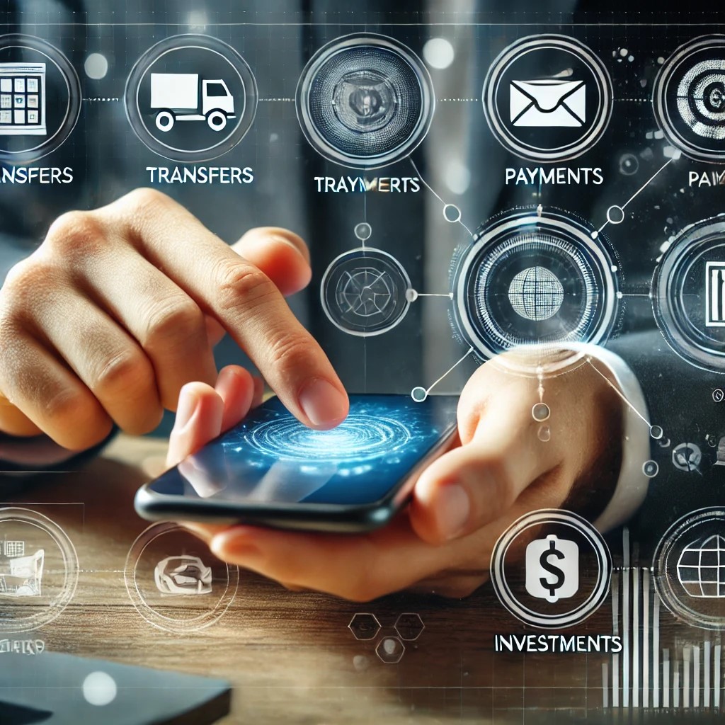 DALL·E 2024-06-28 19.29.56 - An image showing a person using a mobile banking app on a smartphone, with digital icons representing various financial services like transfers, payme