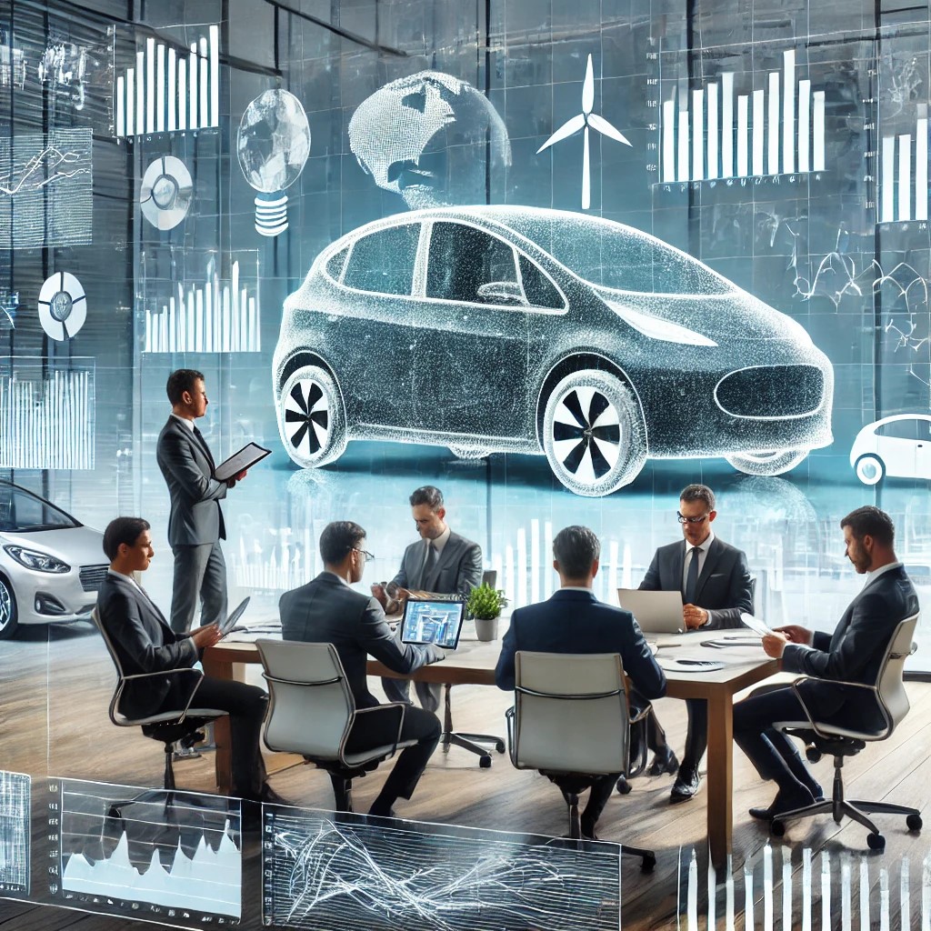 DALL·E 2024-06-28 19.27.28 - An image showing financial analysts in a modern office discussing the financial viability of electric vehicles, with charts and graphs on digital scre