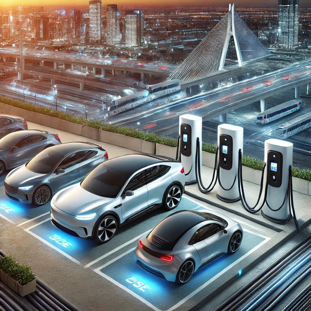 DALL·E 2024-06-28 19.27.27 - An image showing a modern electric vehicle (EV) charging station with multiple cars charging, highlighting the infrastructure development for EVs